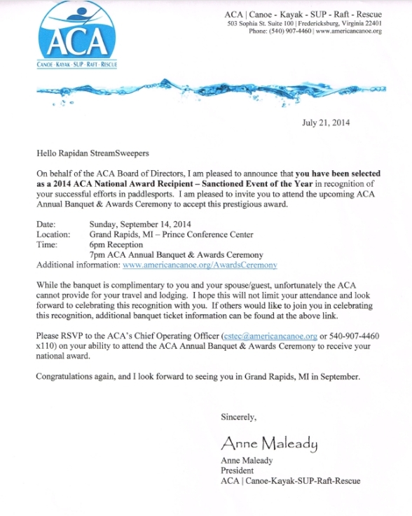 American Canoe Association Notification of Award